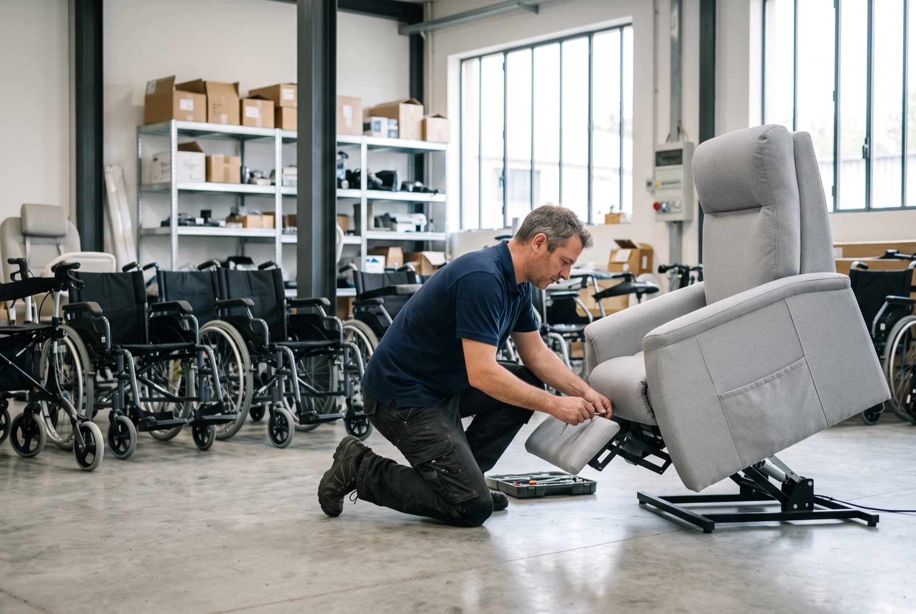 Un technicien règle le repose-jambes d'un fauteuil releveur dans un atelier lumineux, devant une rangée de fauteuils roulants et de déambulateurs